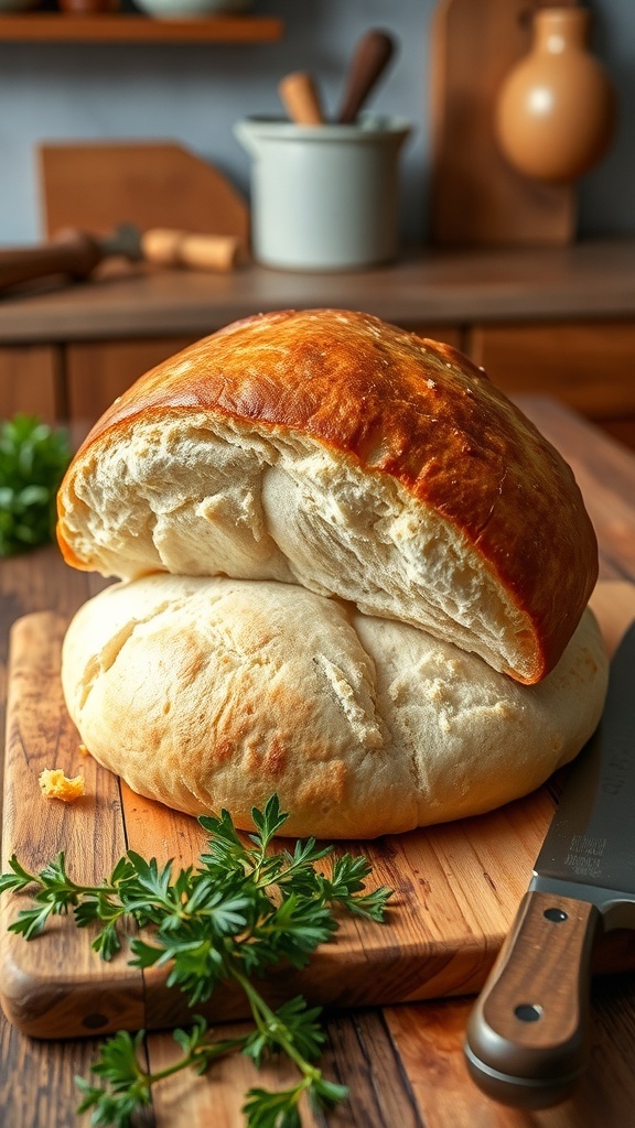A crusty bread hat on a wooden table, surrounded by herbs, ready to be sliced.